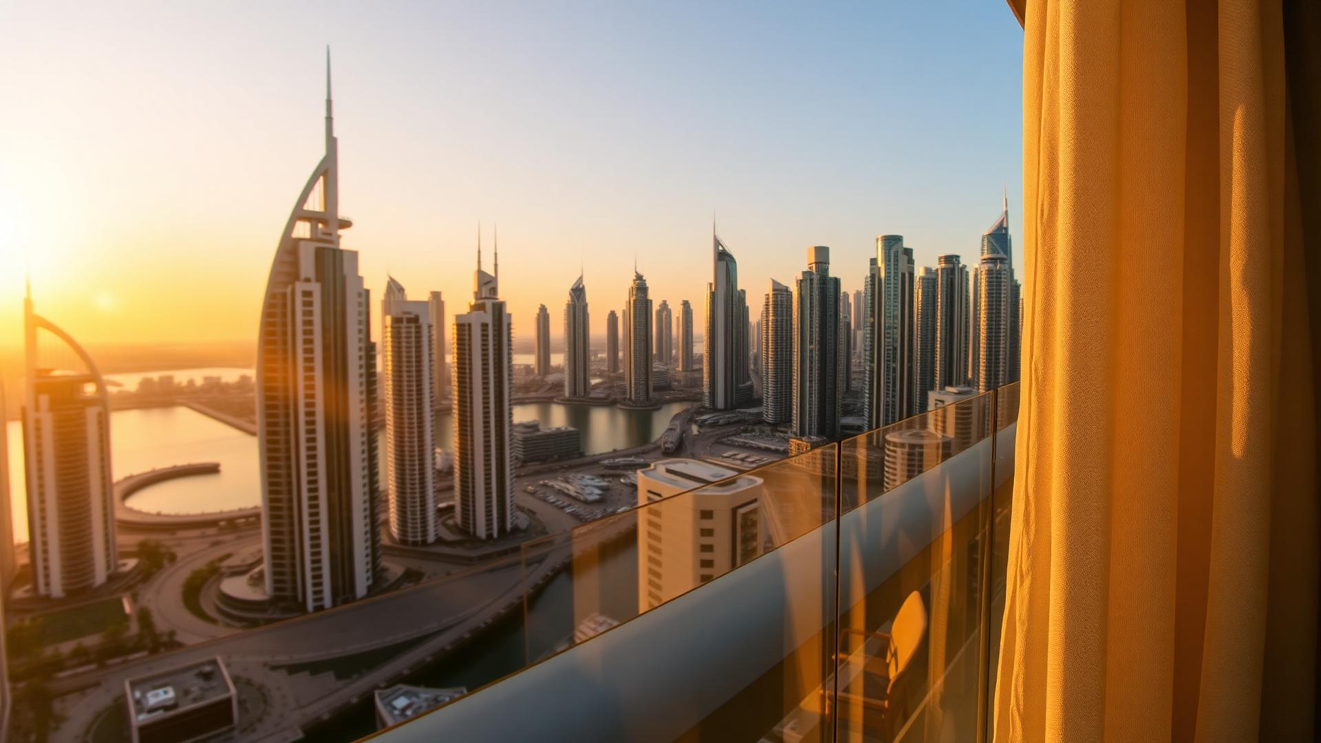 Dubai skyline at golden hour from a luxury balcony